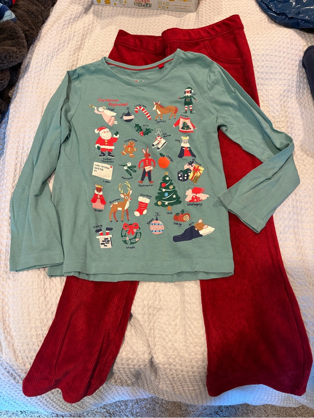 Mini Boden 7/8 Holiday Top with Carters Red Velour flare Pants 7
